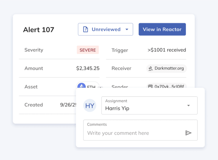 Chainalysis alert screen with an assignment panel showing an analyst assigned to the alert and a comment field for