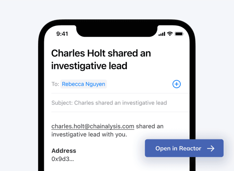 Chainalysis mobile notification showing an investigative lead shared by one analyst to another with an option to open the