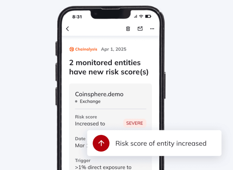 Chainalysis mobile alert showing two monitored entities with new risk scores, an exchange increased to severe after crossing