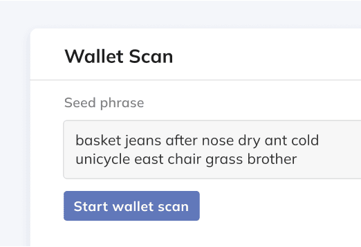 Chainalysis Reactor Wallet Scan panel accepting a seed phrase to enumerate associated wallets