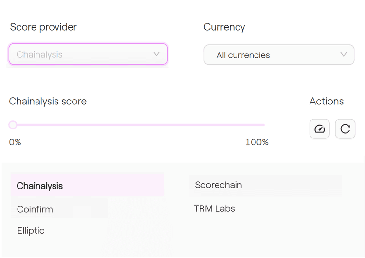 Taurus screening configuration screen with Chainalysis selected as score provider and a provider list including Coinfirm,