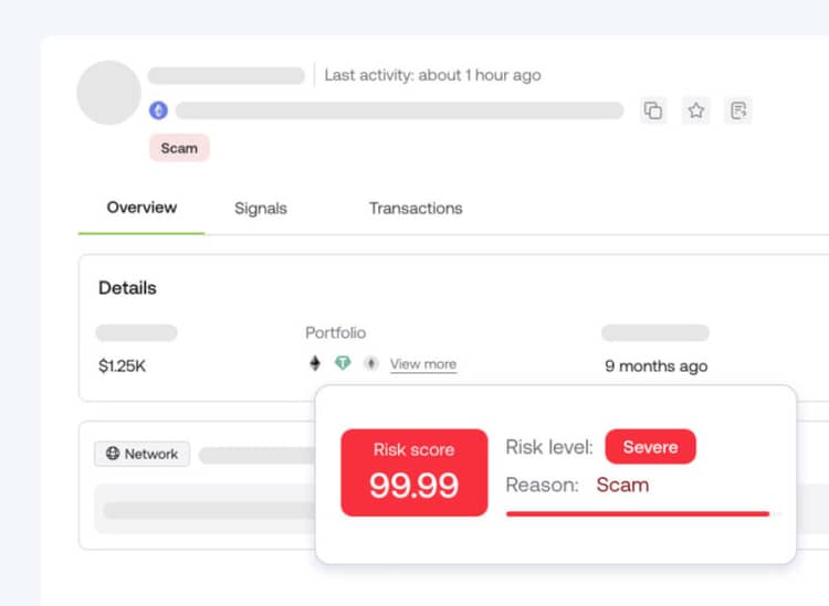 Chainalysis Scout entity profile showing a wallet tagged as Scam with a 99.99 risk score and severe risk level