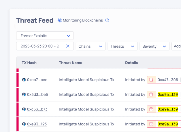 Hexagate threat feed listing suspicious transactions flagged by the Intelligate model, each with transaction hash, threat