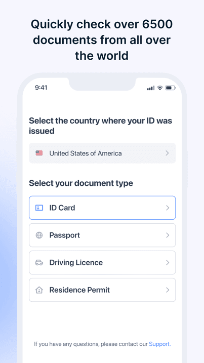 Sumsub verification screen where the user selects the issuing country and identity document type before capture