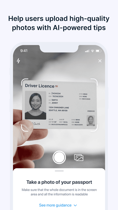 Sumsub driver licence capture screen with alignment frame during identity document photography